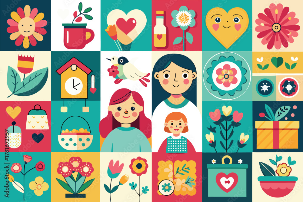 Fototapeta premium Cheerful flat design mosaic pattern of family, nature and home life