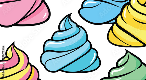 Pixel Art Swirls Of Pink Blue Yellow And Green Frosting On A White Background