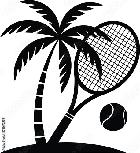 Tropical palm tree with tennis racket and ball silhouette design