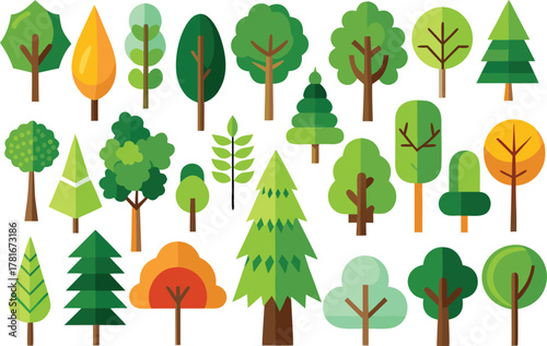Diverse flat design trees set: vector forest elements for nature