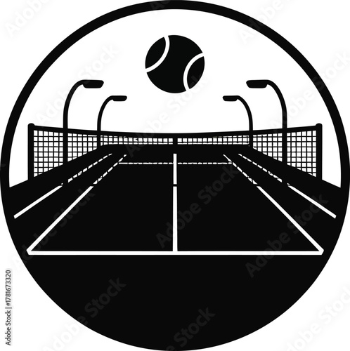 Tennis court net ball and stadium lights in a circular silhouette logo
