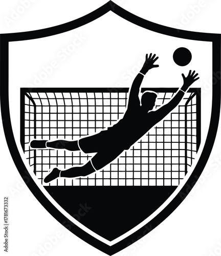 Dynamic soccer goalkeeper diving save shield logo silhouette