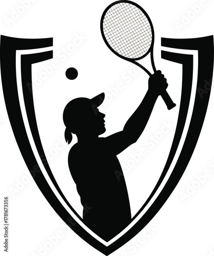 Dynamic tennis player serving with a shield silhouette