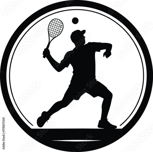 Dynamic tennis player forehand shot in a circular logo design silhouette