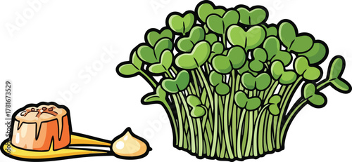 Round food item with sauce and green sprouts on white background