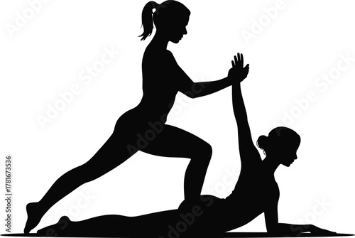 Two women performing acro yoga stretch silhouette