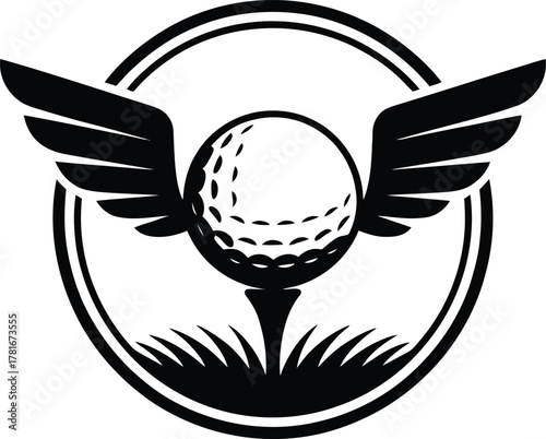 Dynamic winged golf ball with grass circle emblem silhouette logo