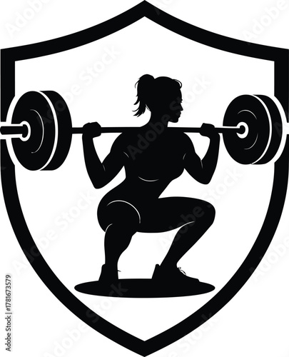 Dynamic woman performing barbell squat inside a shield emblem silhouette logo
