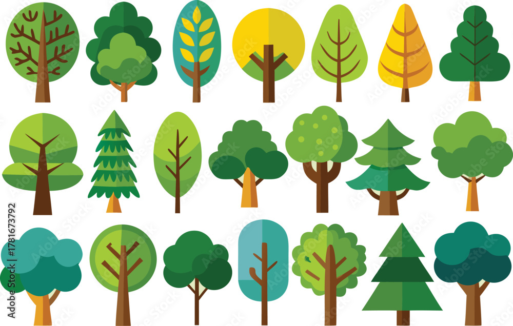 Fototapeta premium Diverse flat design tree icon set on light background, vector
