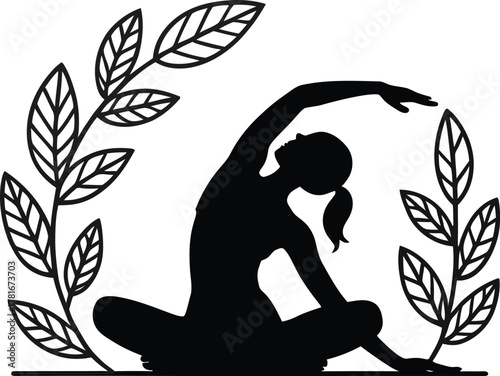 Woman in seated side bend yoga pose with leaves silhouette