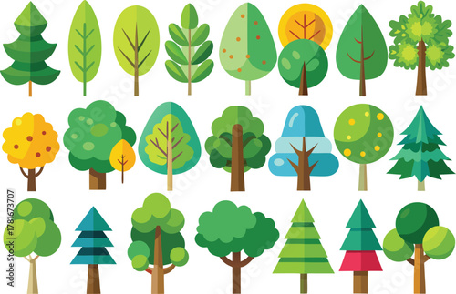 Collection of diverse flat design cartoon trees and plant icons