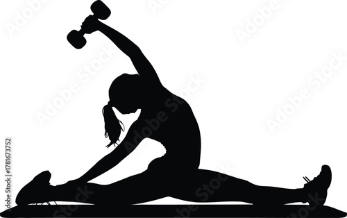 Woman performing a split dumbbell stretch exercise silhouette