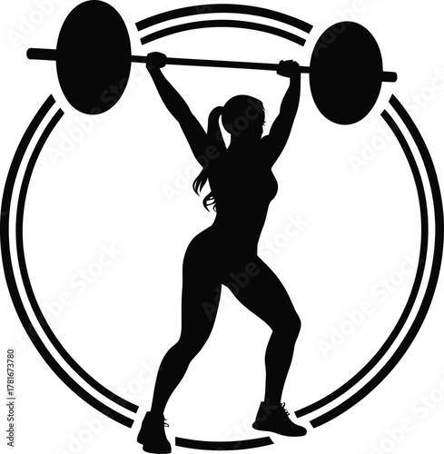 Dynamic woman performing clean and jerk weightlifting silhouette in a circle