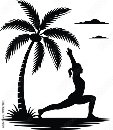 Woman practicing yoga pose with a palm tree in a striking silhouette