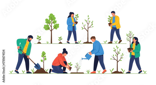 People Planting Trees and Caring for the Environment in a Sustainable Community