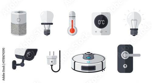 A collection of modern smart home automation icons featuring various electronic devices for the Internet of Things