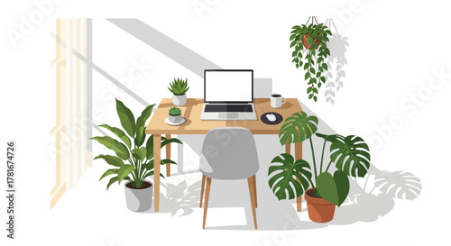 Cozy home office with house plants in a bright, sunlit room. Vector illustration of a modern freelance workplace interior design