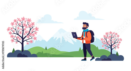 Digital nomad man with a backpack and computer working online in nature against a scenic mountain and cherry blossom backdrop
