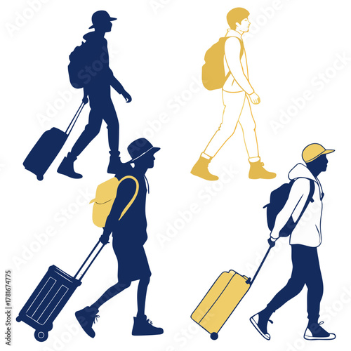 Vector illustration of diverse people with suitcases and backpacks walking. Travel, journey, vacation. Traveler with backpack vector set. 
