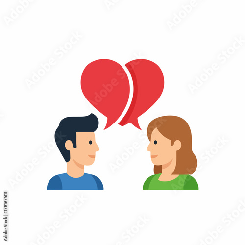 Man and woman in profile, facing each other with red heart speech bubbles above their heads, representing love, dating, conversation, and communication.