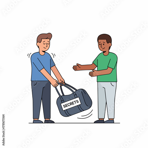 A bag labeled "Secrets" being handed from one person to another, illustration of a secret being passed or a hidden message, concept of privacy and confidential information.