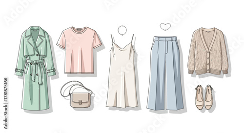 Stylish Spring Outfit Collection Featuring Trench Coat, Dress, Trousers, Cardigan, and Accessories