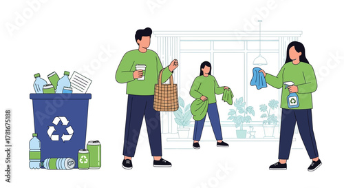 People recycling and caring for the environment with reusable bags and eco-friendly cleaning supplies