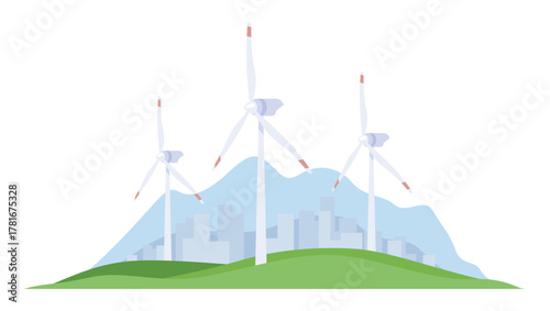 Wind turbines on a green hillside with a cityscape in the background and mountains in the distance, symbolizing clean, renewable natural energy