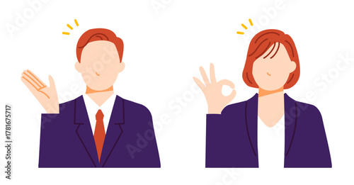 スーツを着た男女が案内やOKサインをしているイラスト。ビジネスシーンのポーズ。