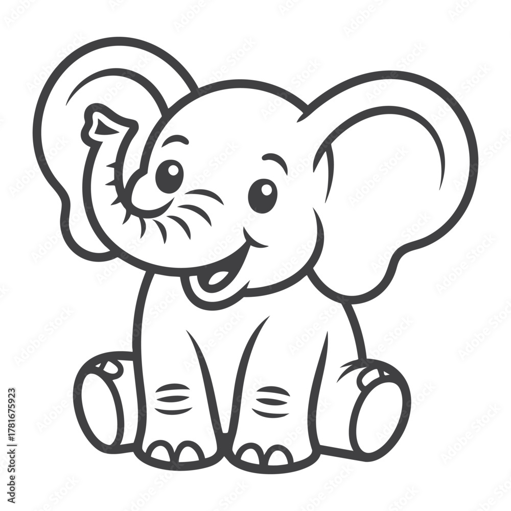 Fototapeta premium Cute Cartoon Baby Elephant Sitting Black and White Line Drawing for Kids