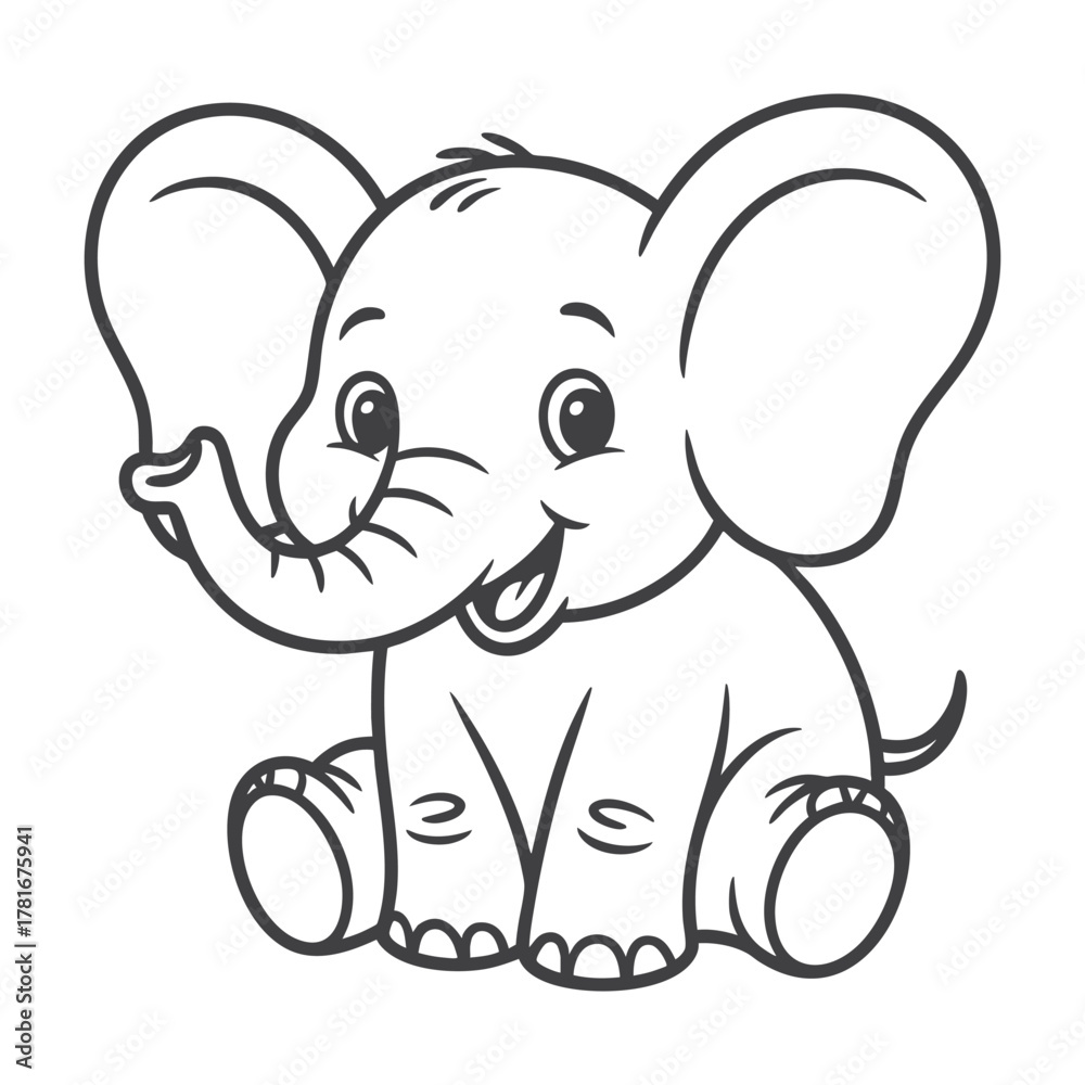 Fototapeta premium Cute Cartoon Baby Elephant Sitting Black and White Line Drawing for Kids
