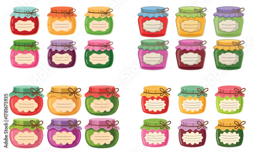 Colorful jam jar illustration set with fruit preserves and decorative labels
