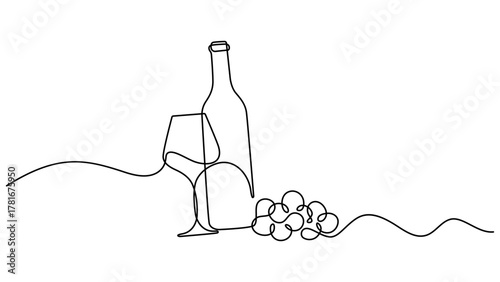 Bottle of wine with wineglass and grape bunch in continuous line art drawing style. Minimalist black linear sketch isolated on white background. Vector contour illustration. Editable vector