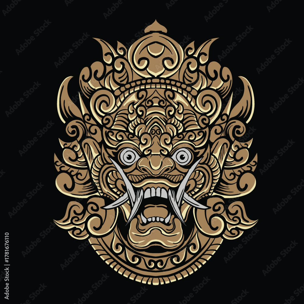 Fototapeta premium Vector illustration balinese barong head in gold color