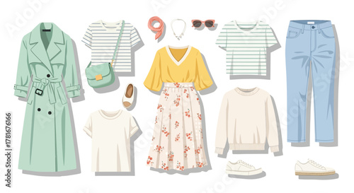 A stylish collection of women's casual spring clothing and accessories for creating fashionable outfits