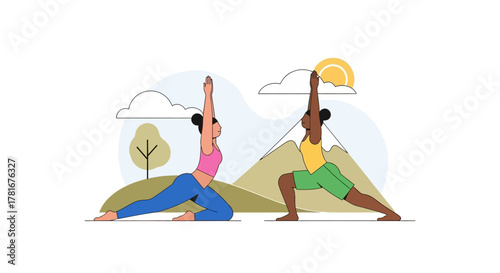 Yoga Poses Practicing Mindfulness and Wellness Amidst Nature's Beauty, Exercise Illustration