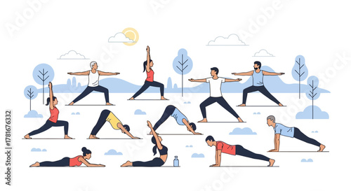 Diverse Group Practicing Yoga Poses Outdoors with Trees and Sun in Background