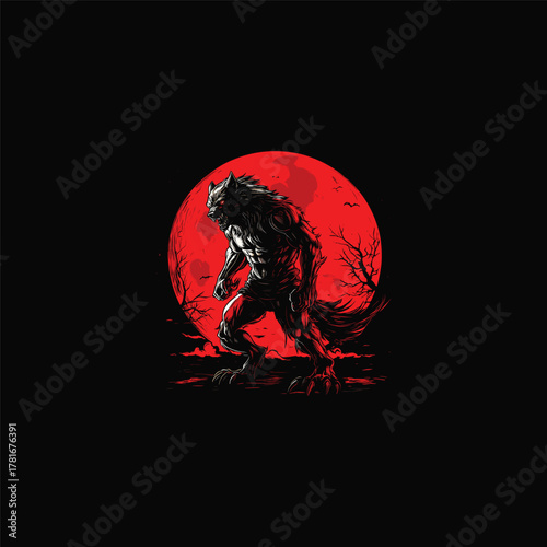 A terrifying silhouette illustration of a fierce werewolf standing against a massive, detailed blood red moon on a stark black background