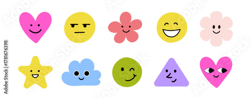 Face smile emoji doodle icon sticker set. Cute kid doodle hand drawn style funny face emoji smile, happy, sad sticker. Funny cartoon emoticon heart, star, flower shape with eyes. Vector illustration