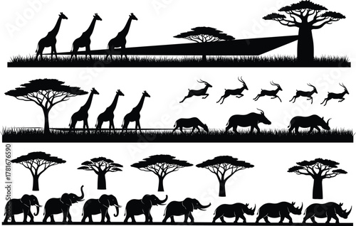 African wildlife silhouette vector illustration with elephants, giraffes, rhinos, antelopes, and acacia trees, safari landscape nature scene design, black animal pattern background