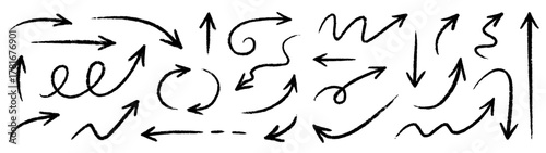 Arrow crayon pastel pencil chalk color line stroke. Sketch chalk pastel color pencil texture line kid fun arrow icon. Hand drawn grunge crayon pencil brush direction elements. Vector illustration