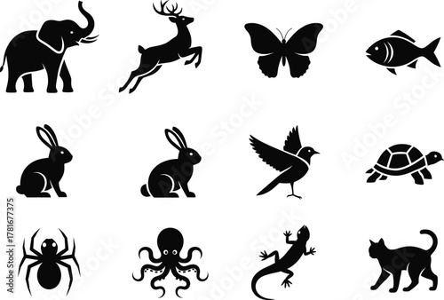 Animal silhouette vector illustration with elephant, deer, butterfly, fish, rabbit, bird, turtle, cat, spider, octopus, and lizard, wildlife design collection
