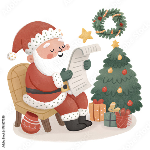 Cartoon Santa Reading List by Christmas Tree
