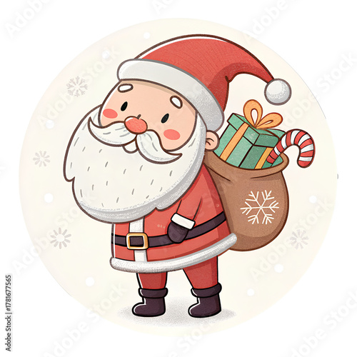 Cartoon Santa Claus with Gift Sack in Snow
