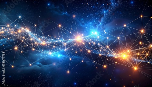 A vibrant digital network visualized against a backdrop of nebulae and celestial bodies. Glowing points connected by luminous pathways