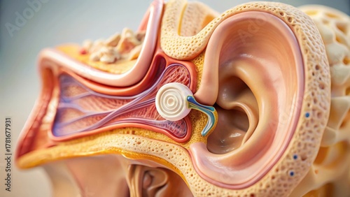A detailed model of human ear anatomy showing inner workings