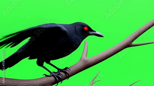 Mysterious Black Crow with Glowing Red Eyes Perched on Branch Against Green Screen Background