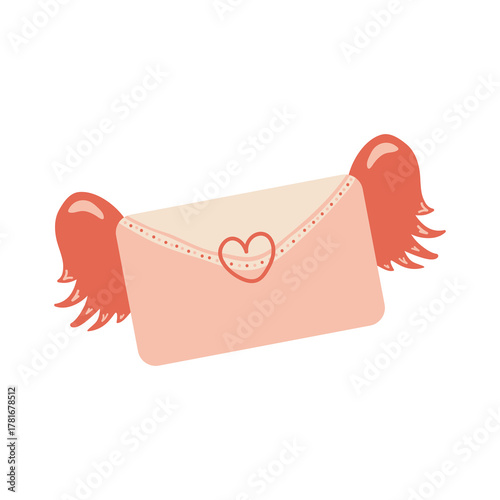 Hand drawn love envelope with wings and heart shapes flap. Colorful flat vector Love symbols holiday clipart for card, logo, design. Valentine's Day concept. Isolated on white background