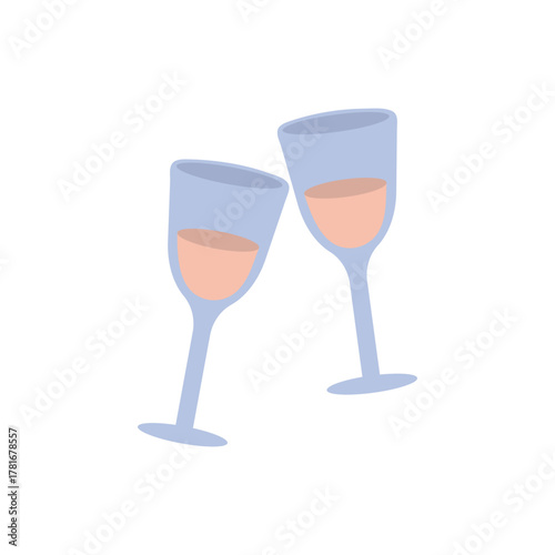 Hand drawn two holiday glasses with champagne or wine. Colorful flat vector holiday clipart. Isolated on white background.