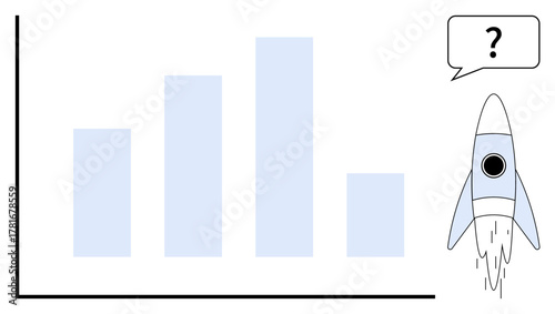 Rocket taking off beside a bar chart with a question bubble, symbolizing growth, ambition, entrepreneurship, and innovation. Ideal for data analytics, planning, strategy, startups business goals